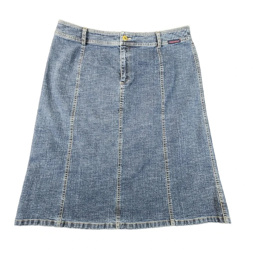 Tribal Denim A-Line Midi Skirt Blue‎ Womens Size 14 Stretch Paneled Jean Skirt